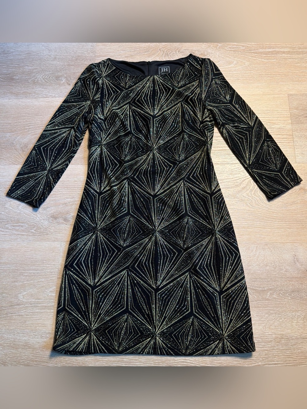 Jessica Howard Black & Gold Geometric Glitter Art Deco Boat Neck Shift Dress 4